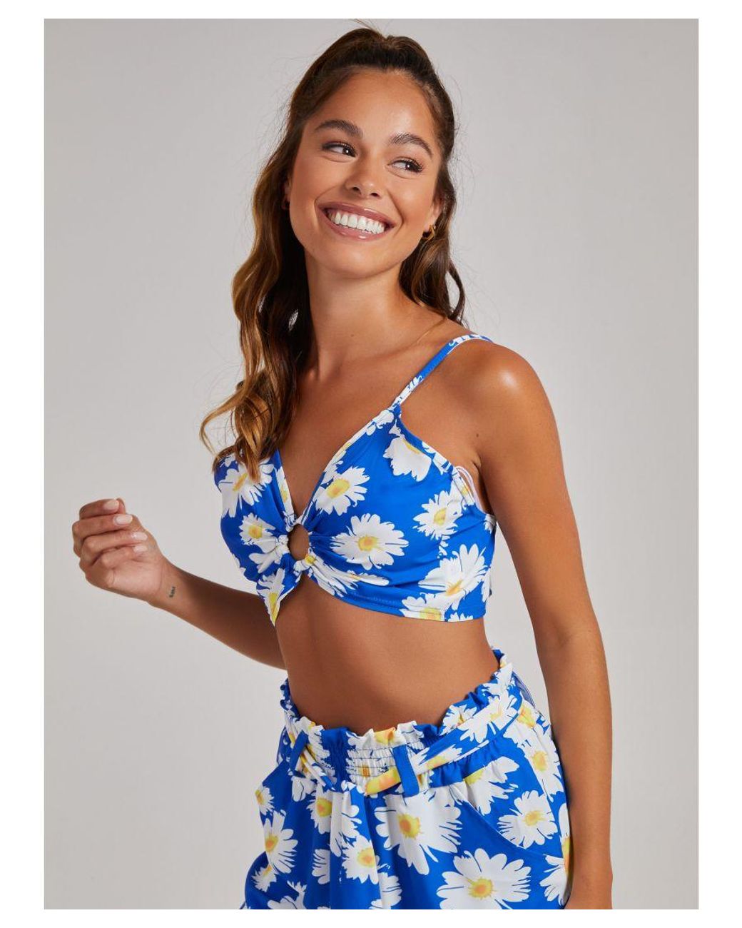Pink Vanilla Blue Daisy Print Tie Back Crop Top