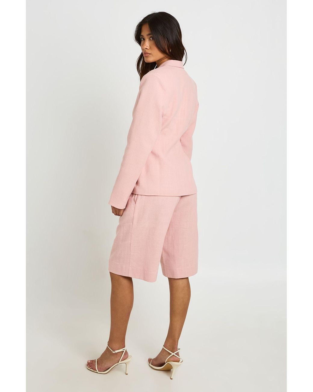 Boohoo Pink Linen Look Cinched Waist Blazer