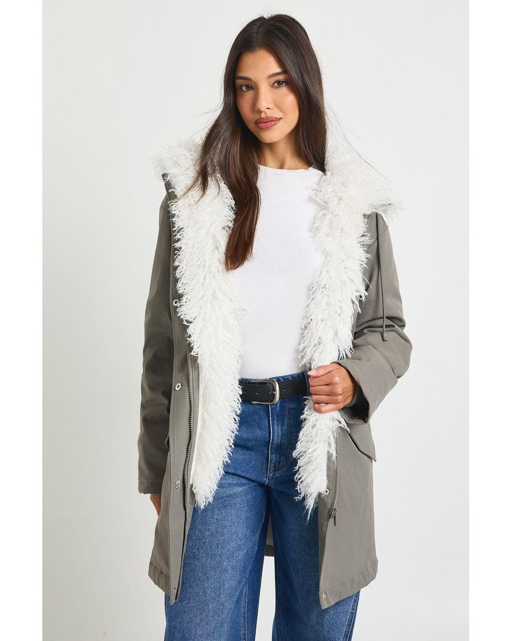 Boohoo White Fur Lined Parka