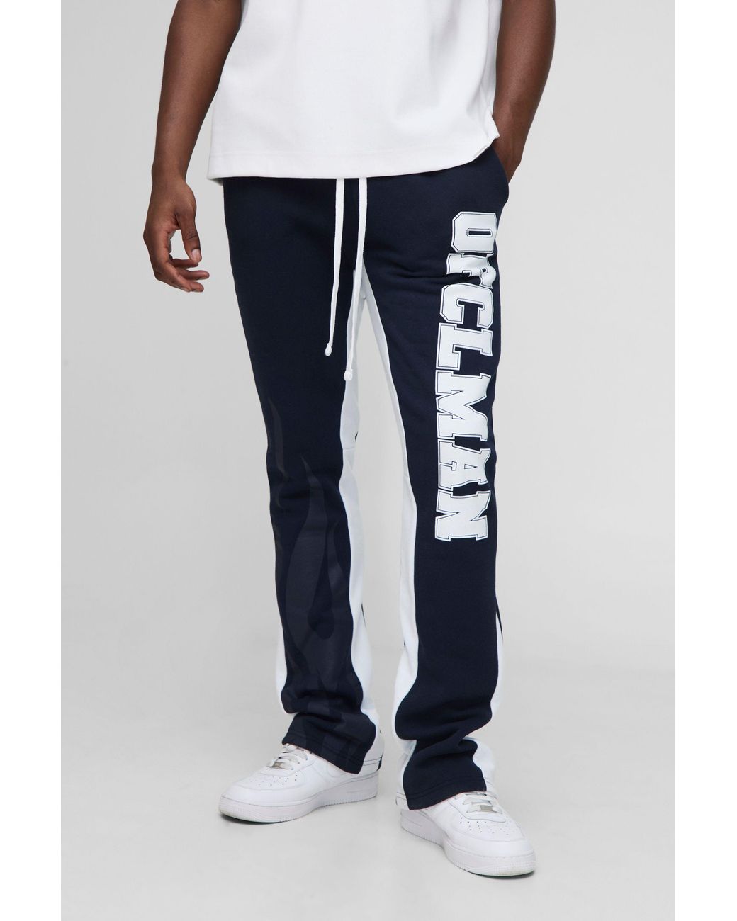 BoohooMAN Blue Slim Flared Ofclman Flame Gusset Joggers for men
