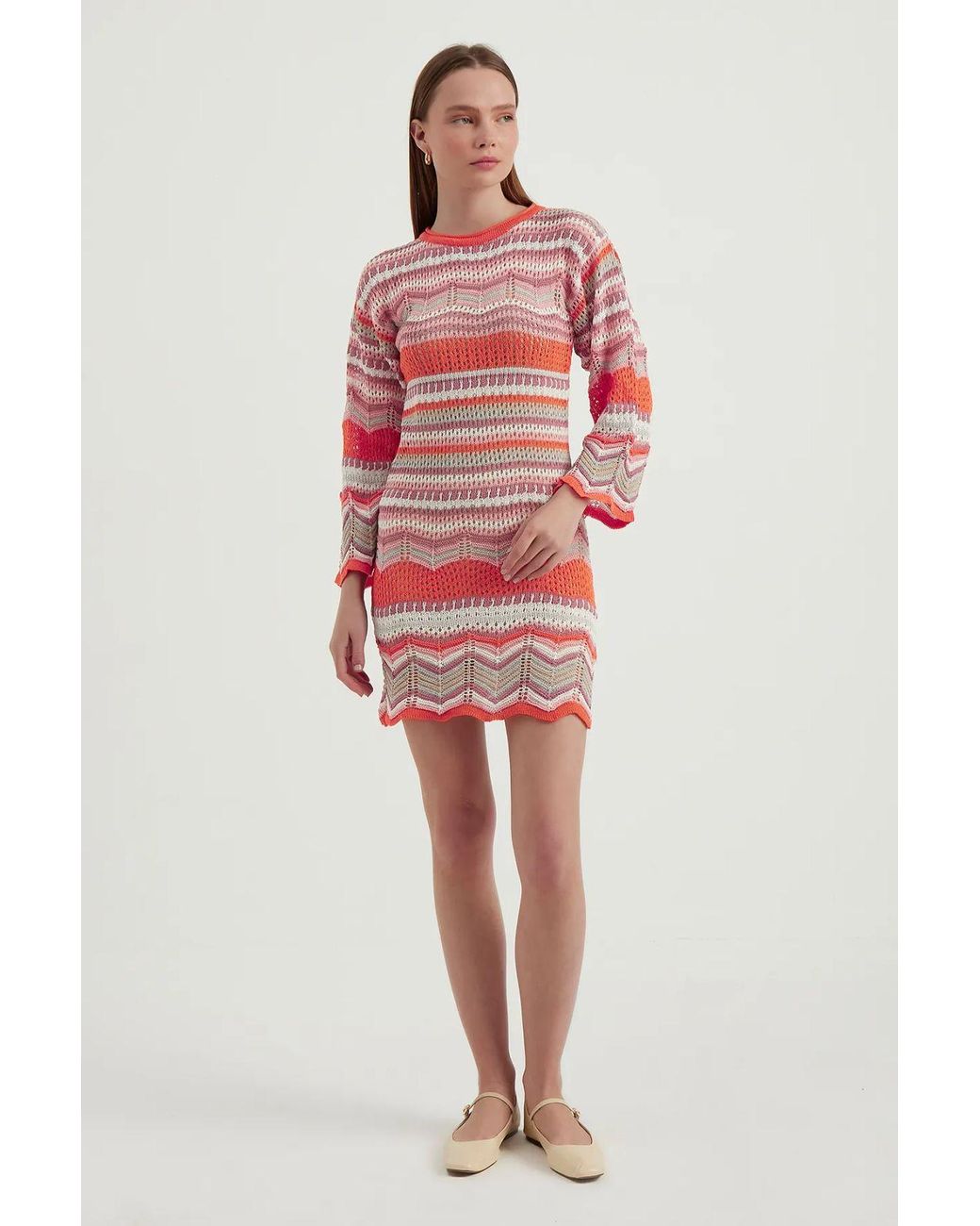 Hiccup Red Geometric Crew Neck Crochet Bell Sleeves Mini Dress