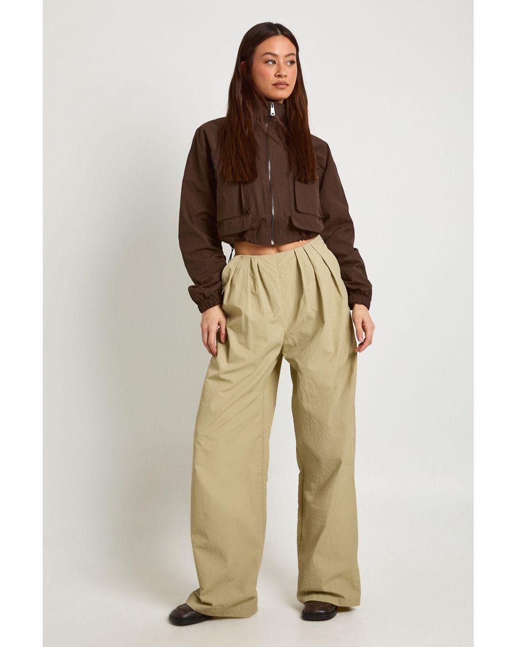 Boohoo Natural Tall Nylon Pleat Detail Cargo Trousers