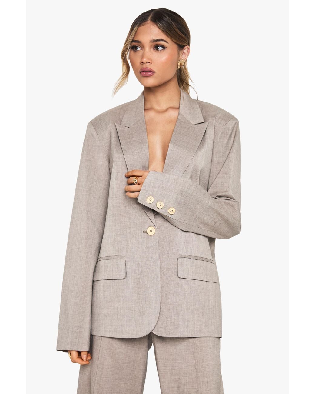 Boohoo Natural Single Breasted Plunge Neckline Oversized Blazer