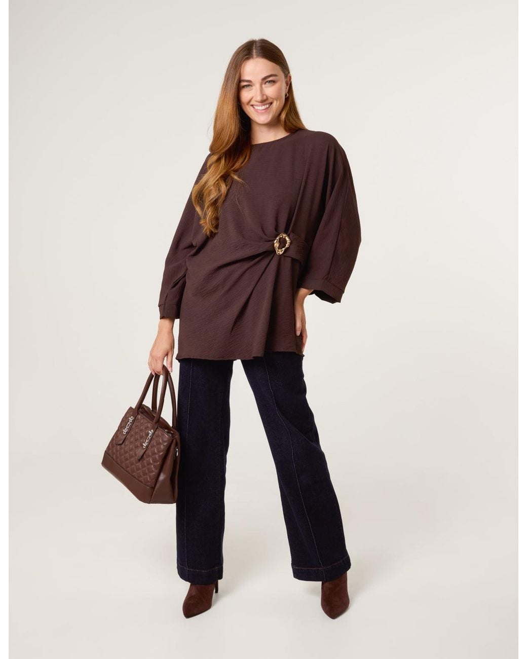 Blue Vanilla Brown Detail Side Gathered Blouse