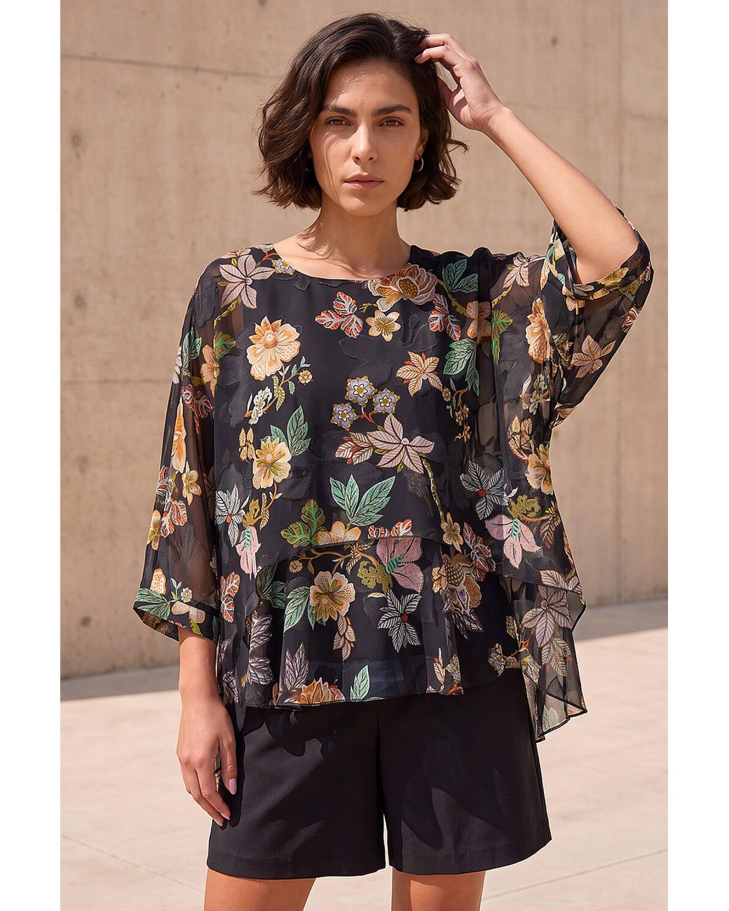 Roman Brown Floral Print Overlay Top
