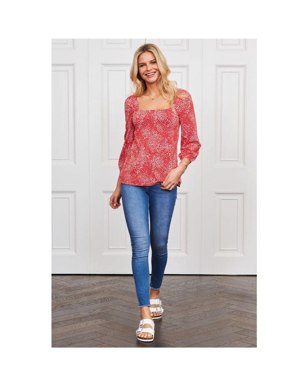Sosandar Red Confetti Spot Print Square Neck Jersey Top Viscose