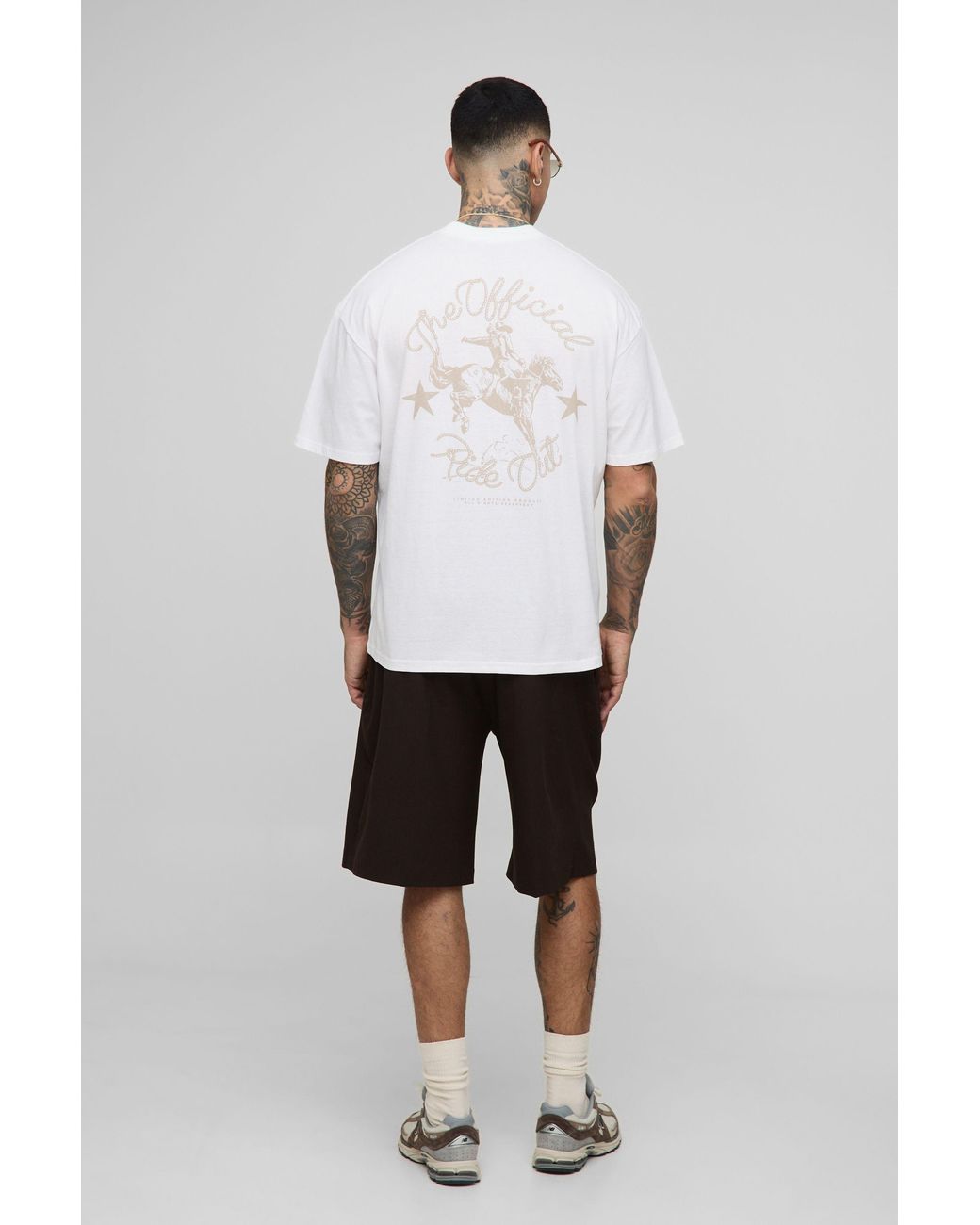 BoohooMAN White Tall Oversized Extended Neck Western Print T-Shirt for men