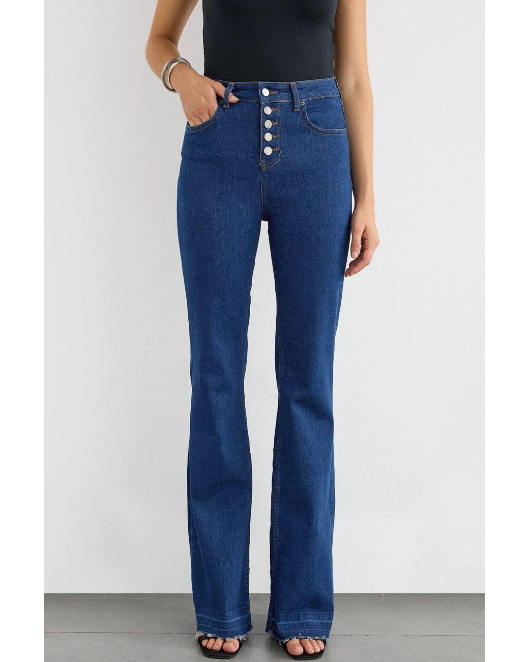Hiccup Blue High-Waist Flare Jeans With Button Detail