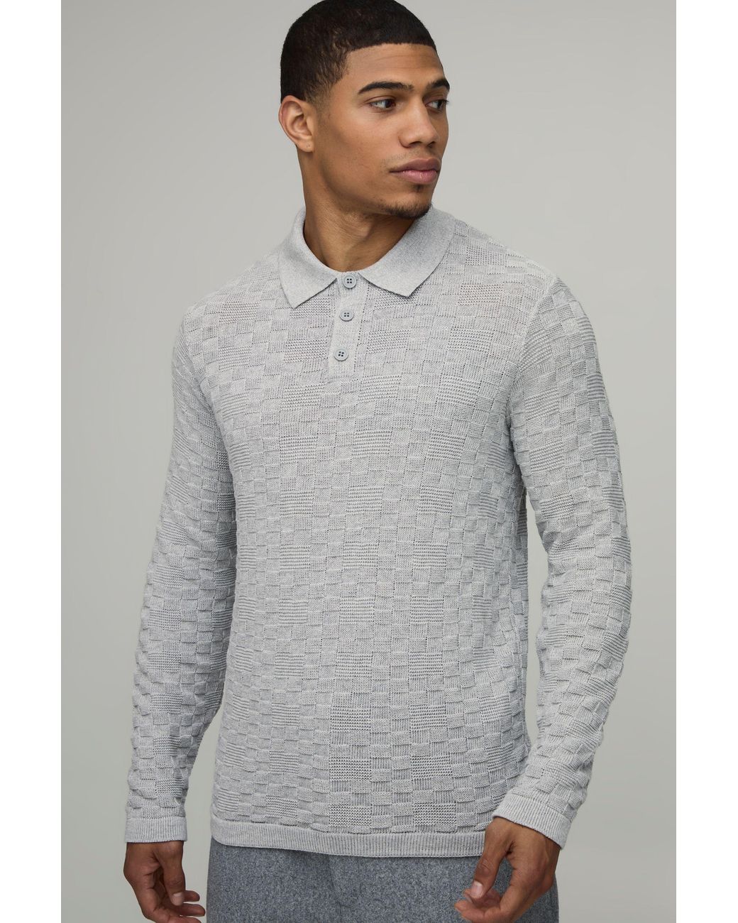 BoohooMAN Gray Regular Fit Long Sleeve Basket Weave Knitted Polo for men