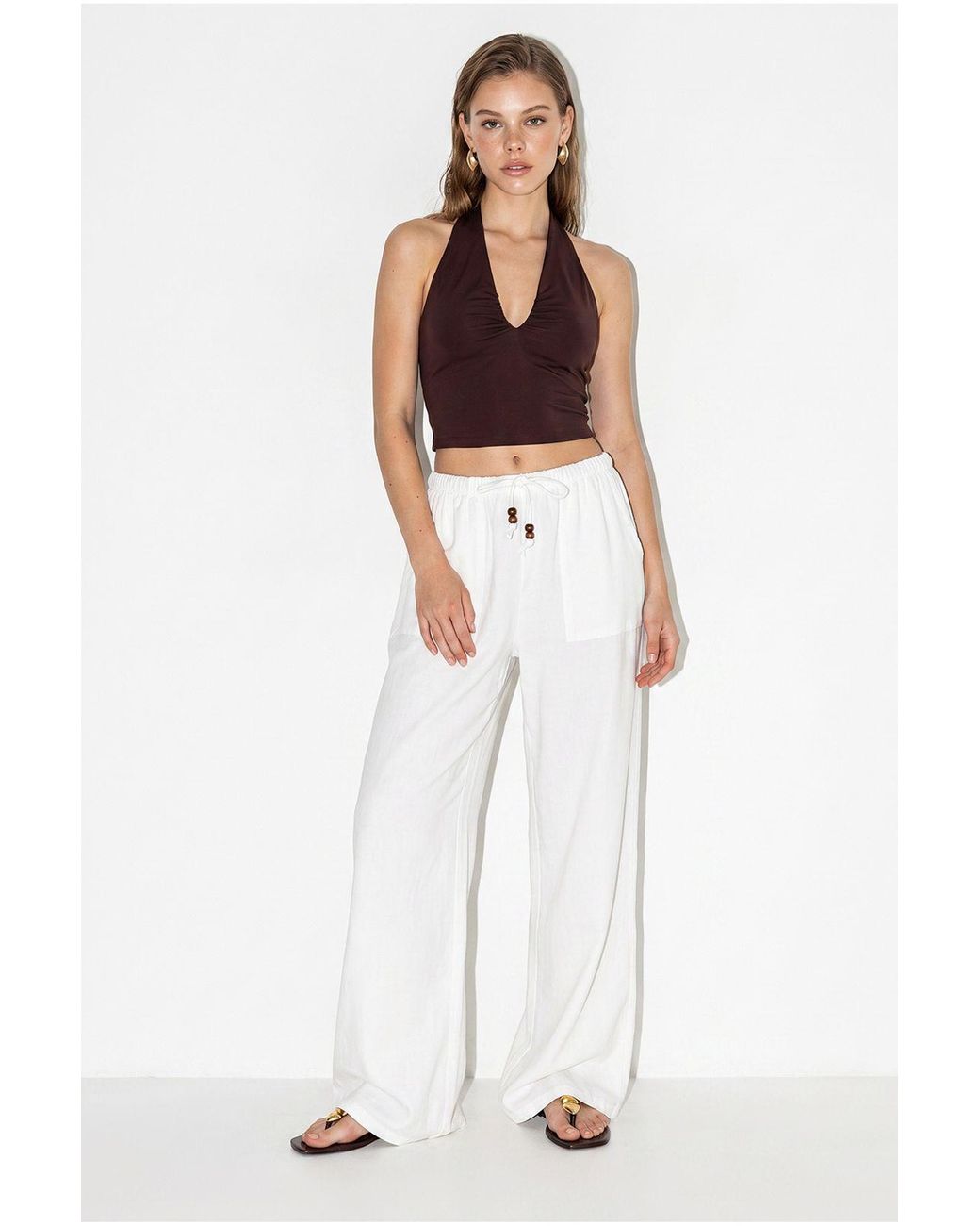 Bianco Lucci White Wide-Leg Cotton Trousers With Drawstring Waist