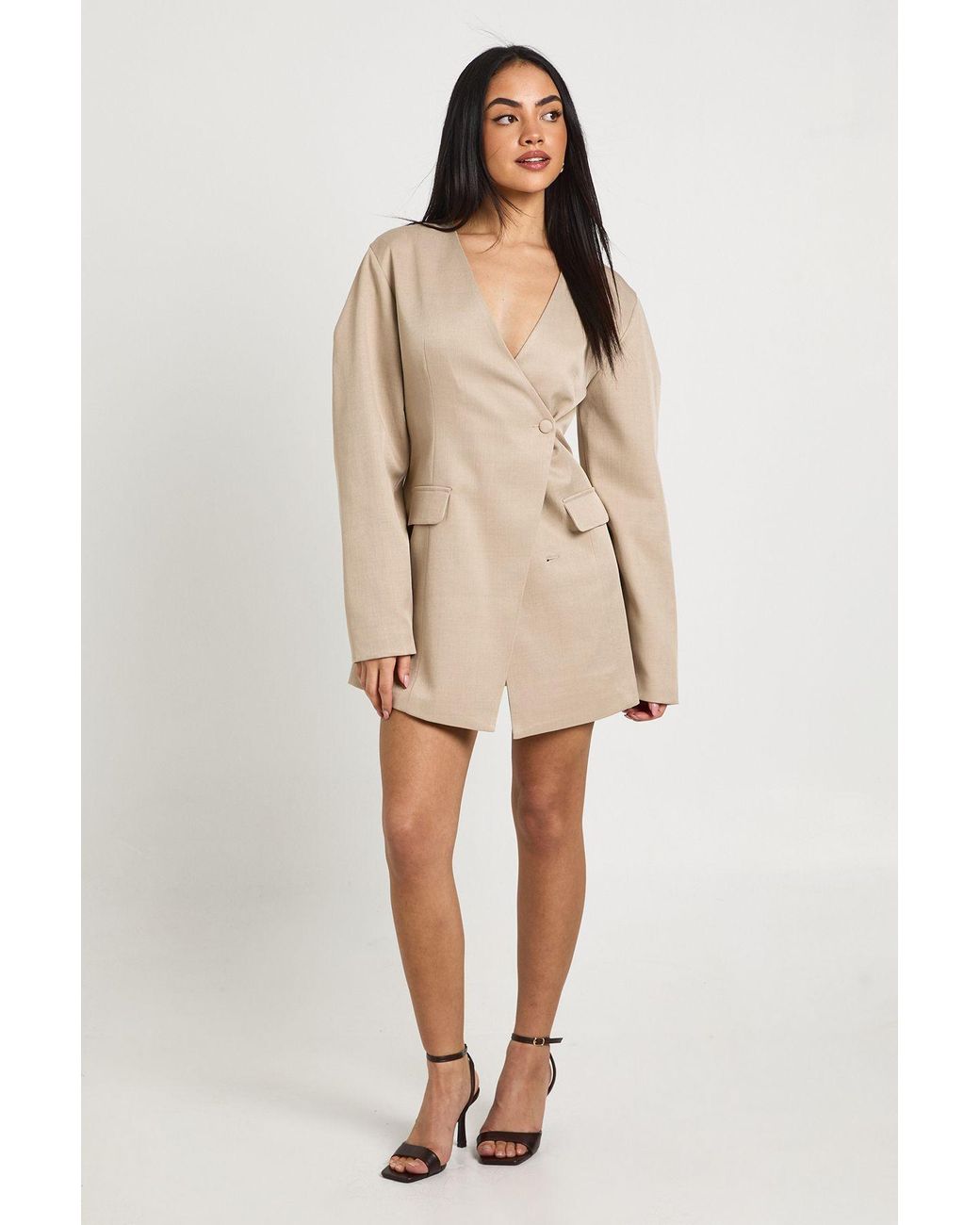 Boohoo Natural Barrell Sleeve Button Front Blazer Dress