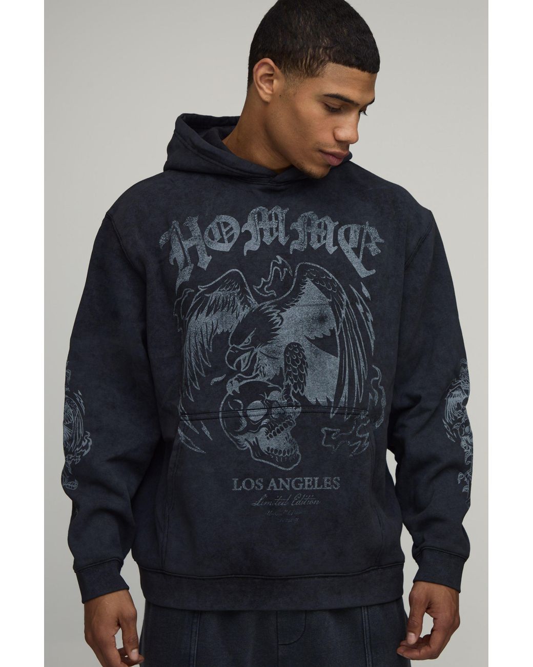 BoohooMAN Blue Oversized Graphic Acid Wash Hoodie Cotton for men