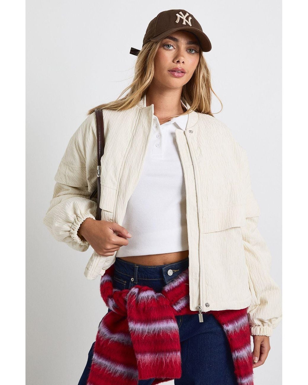 Boohoo White Textured Collarless Bomber Jacket
