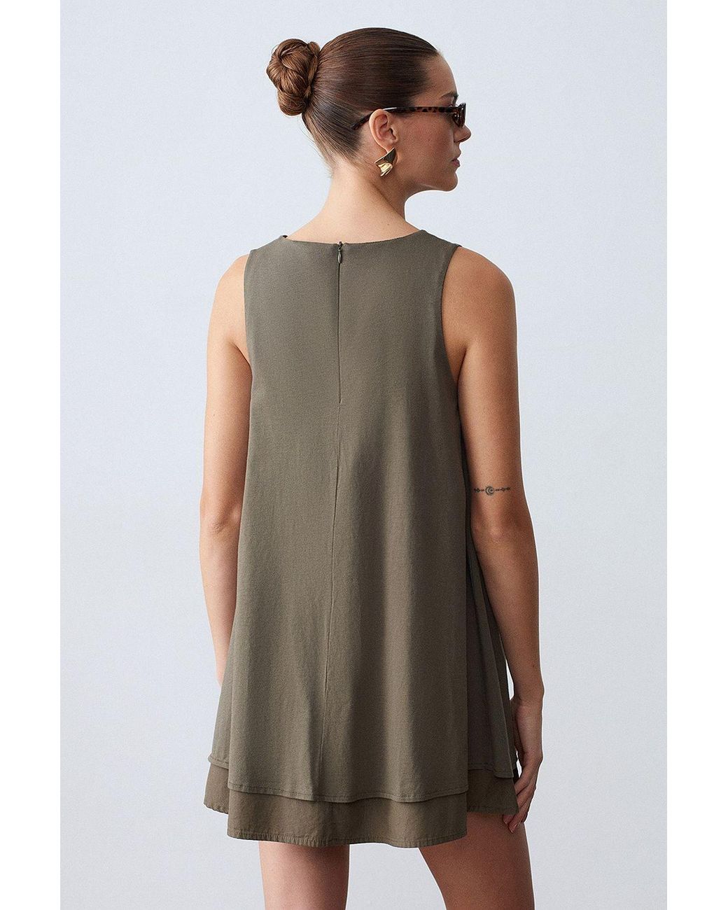 Dilvin Green Cotton Poplin Sleeveless Mini Shift Dress