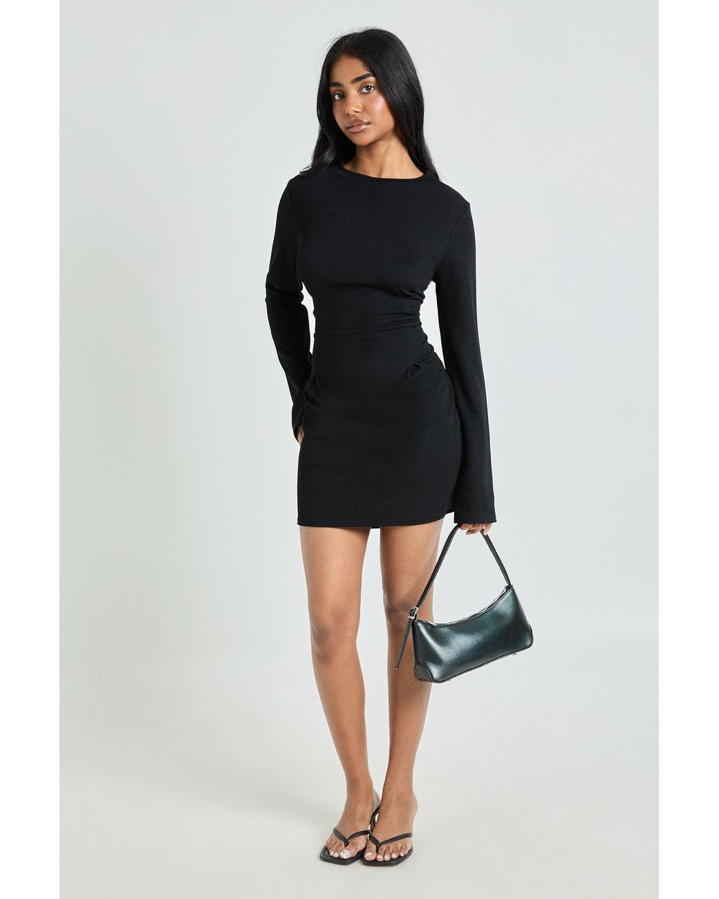Boohoo Black Ribbed Cinched Waist Long Sleeve Dress