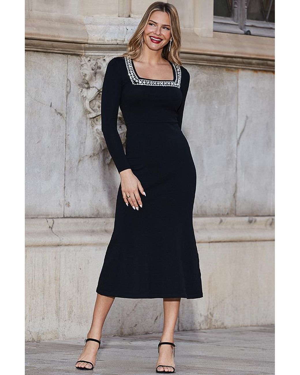 Sosandar Black Embellished Trim Knitted Midi Dress