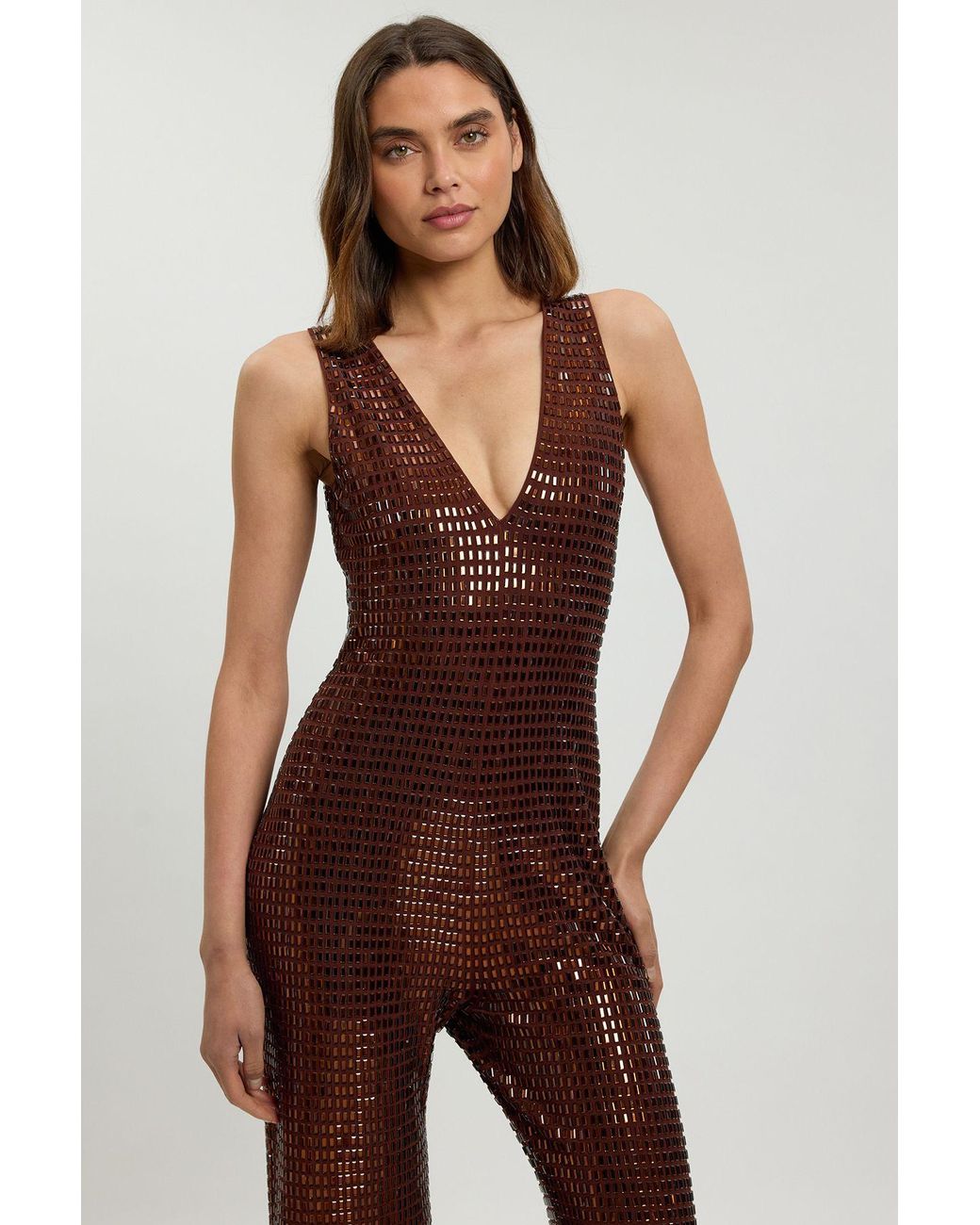 Karen Millen Brown Premium Crystal Embellished Jumpsuit