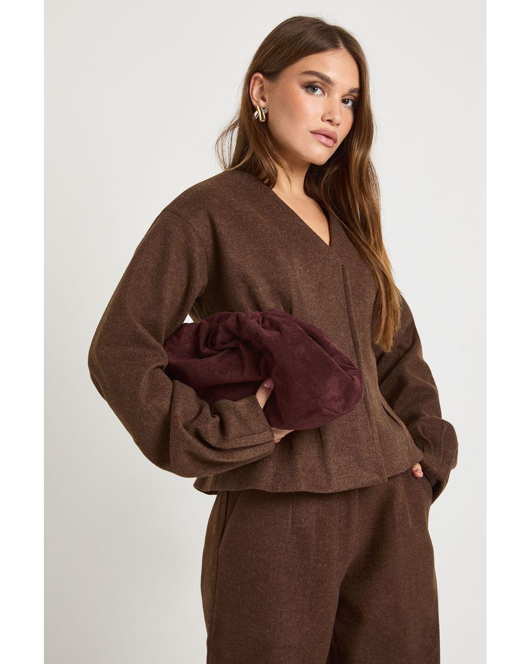 Boohoo Brown Wool Look Pleated Barrel Sleeve Blazer