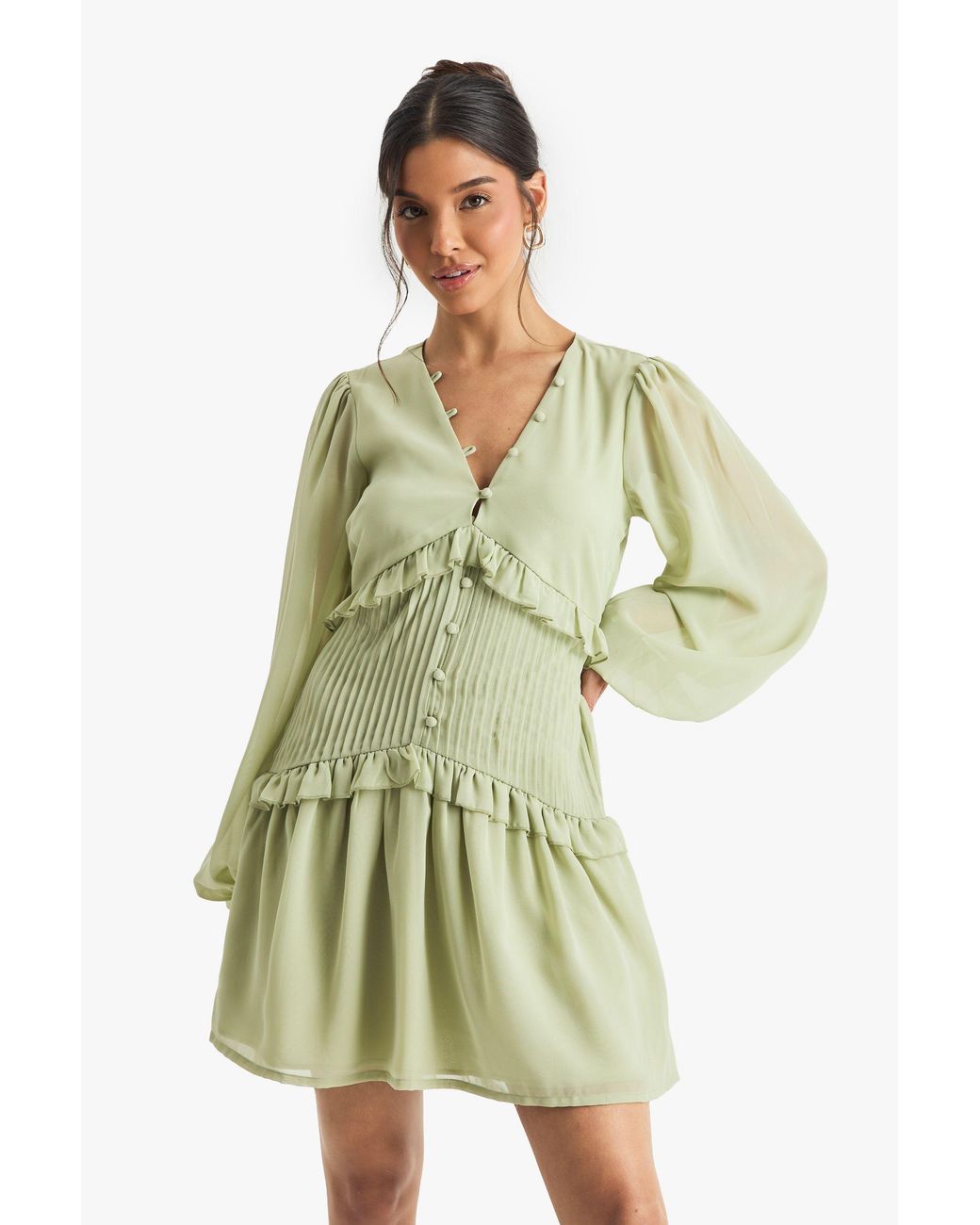 Boohoo Green Chiffon Long Sleeve Pleated Waist Mini Dress