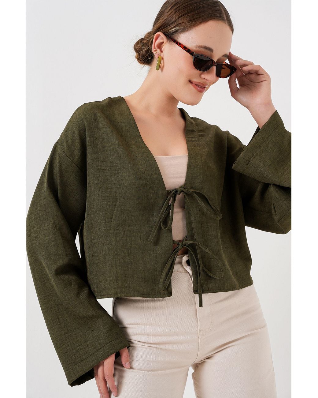 Bigdart Green Viscose Blend V-Neck Long Sleeve Kimono With Binding Detail