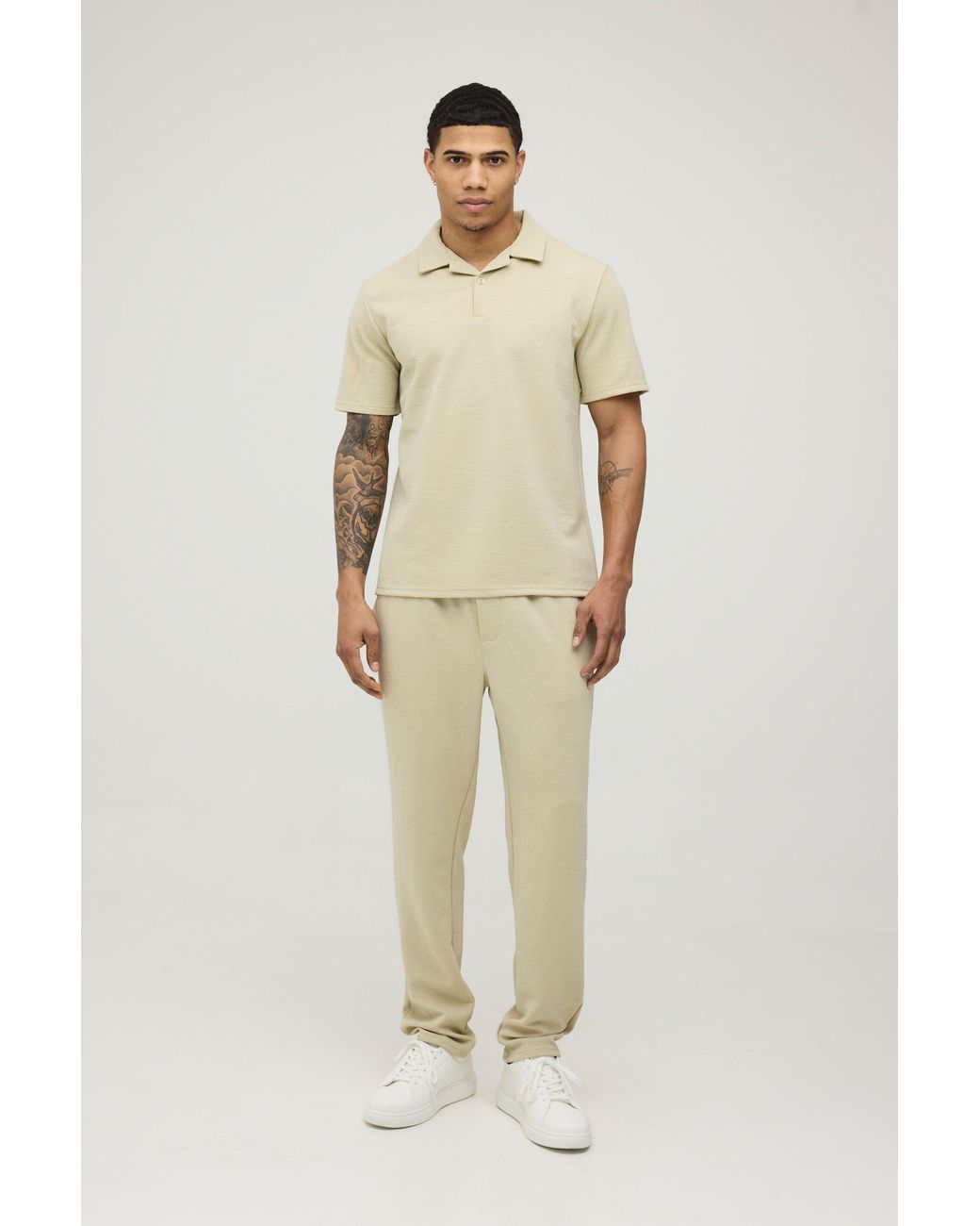 BoohooMAN Natural Short Sleeve Jersey Herringbone Polo Shirt & Tapered Trouser Set for men