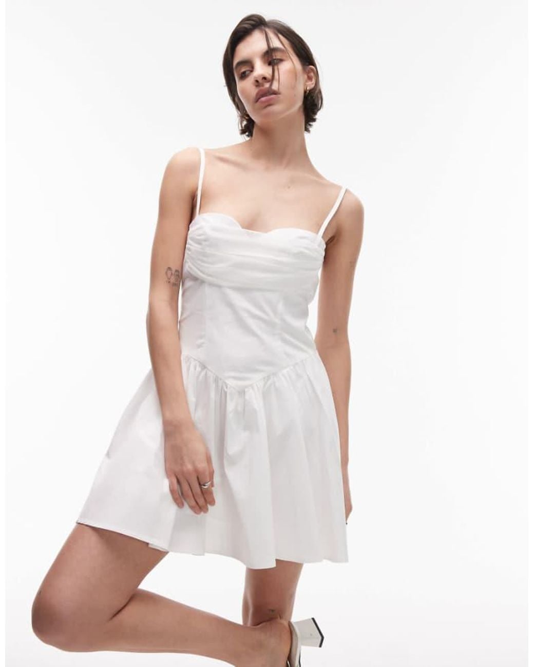 SNDY'S White Strappy Poplin Drape Mesh Bust Sweetheart Neck Mini Dress