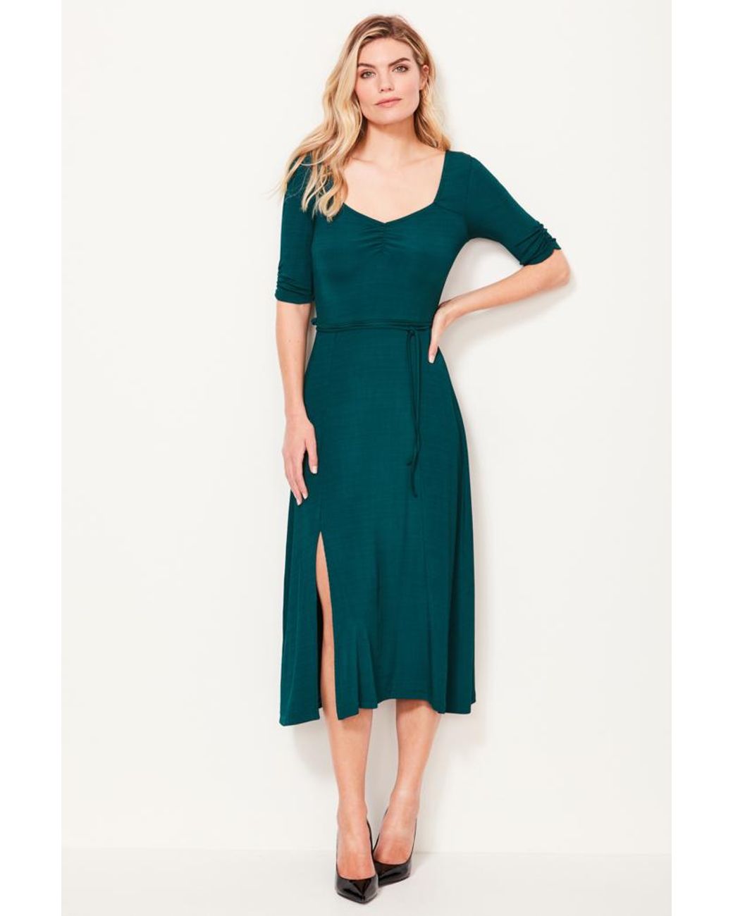 Sosandar Green Jade Ribbed Sweetheart Neckline Dress