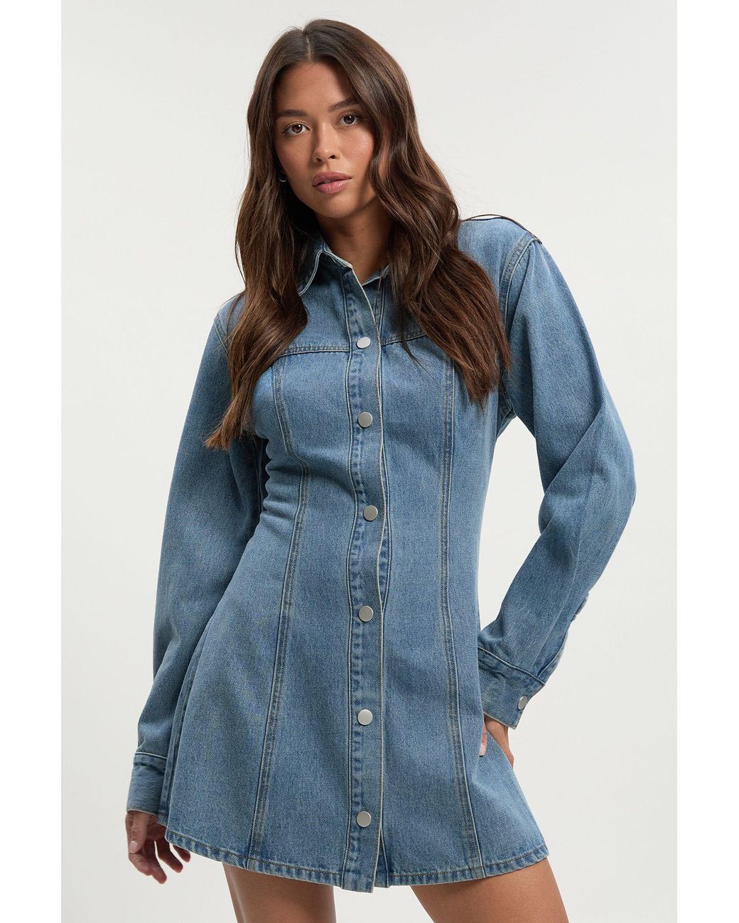 Boohoo Blue Long Sleeve Cinched Waist Denim Dress
