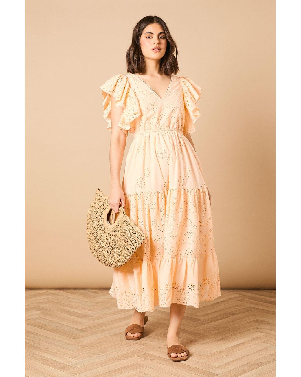 Oasis Natural Broderie V Neck Angel Sleeve Maxi Dress