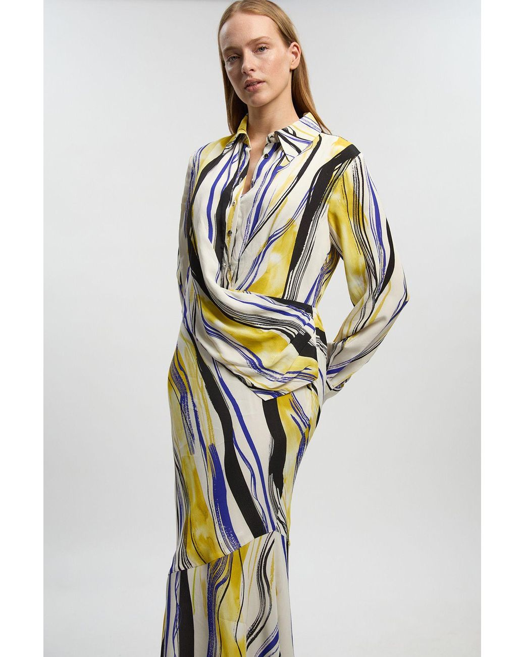 Karen Millen Petite Brush Stroke Print Twill Woven Maxi Shirt Dress in ...