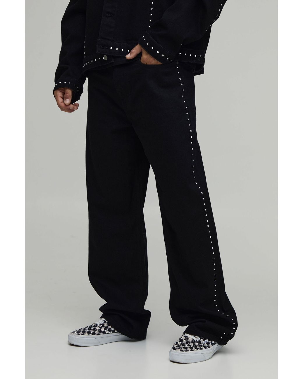 BoohooMAN Black Studded Relaxed Fit Co-Ord Jeans for men