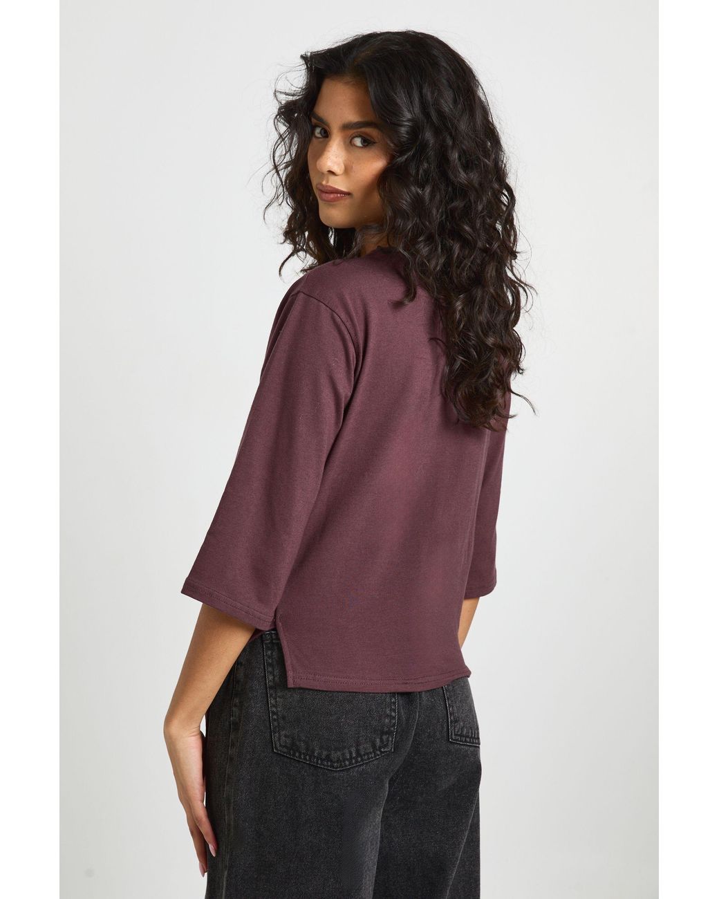 Boohoo Purple Asymmetric Hem Cinched Waist 3/4 Sleeve T-Shirt