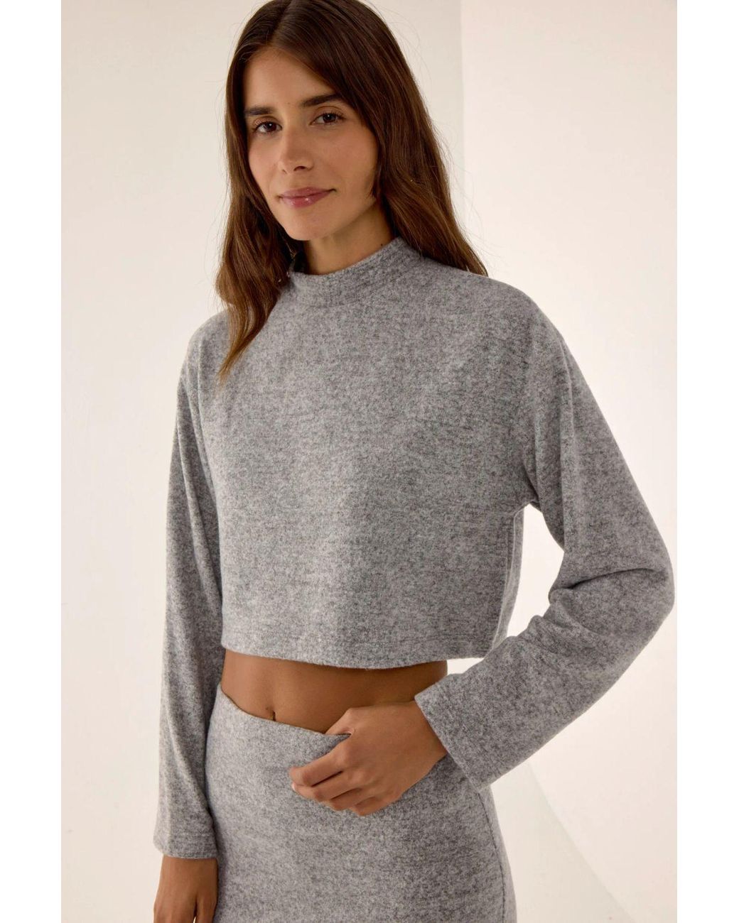Hiccup Gray Relaxed Fit Half Turtleneck Crop Blouse