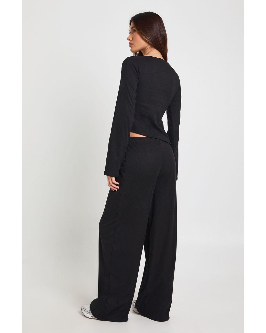 Boohoo Blue Rib Cinched Waist Long Sleeve Wide Leg Co Ord