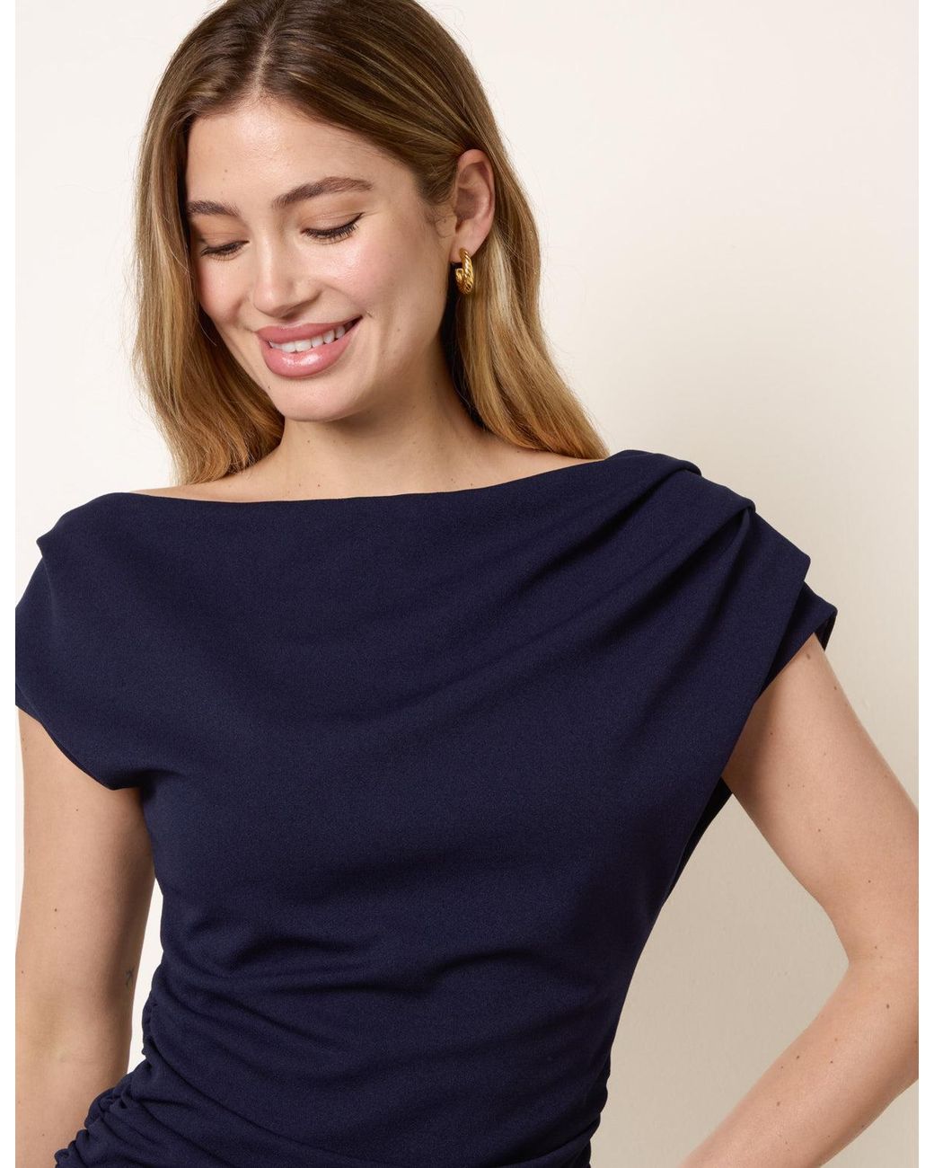 Blue Vanilla Blue Scuba Crepe Off-Shoulder Ruched Midi Dress