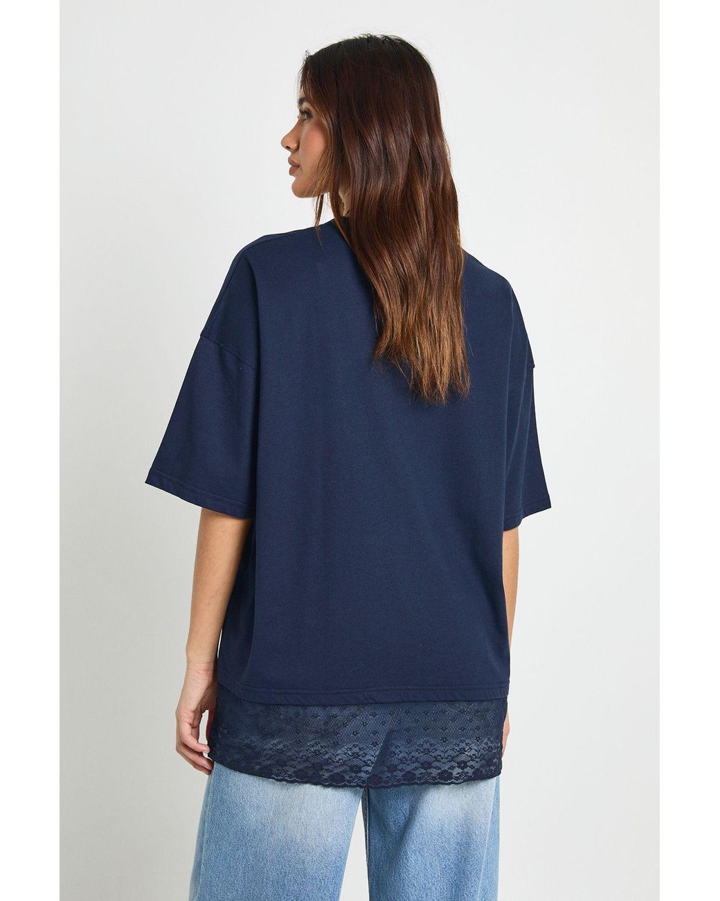 Boohoo Blue Oversized T-Shirt With Lace Hem Trim