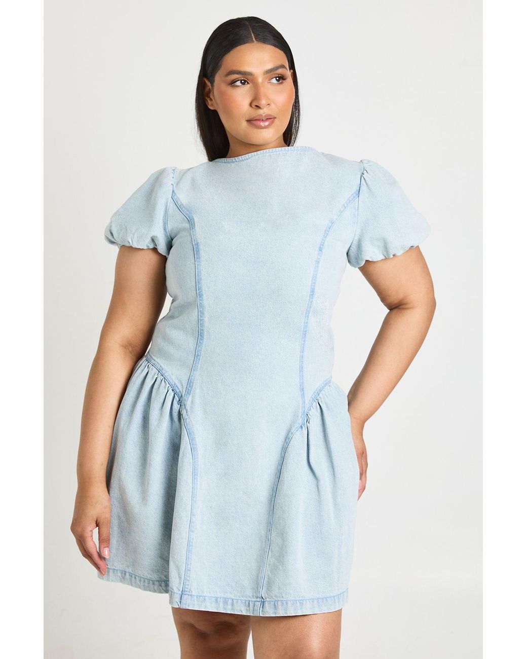 Boohoo Blue Plus Sleeve Denim Mini Dress