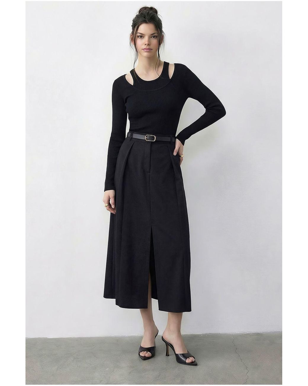 Bianco Lucci Black High Waist Midi A-Line Skirt With Belt