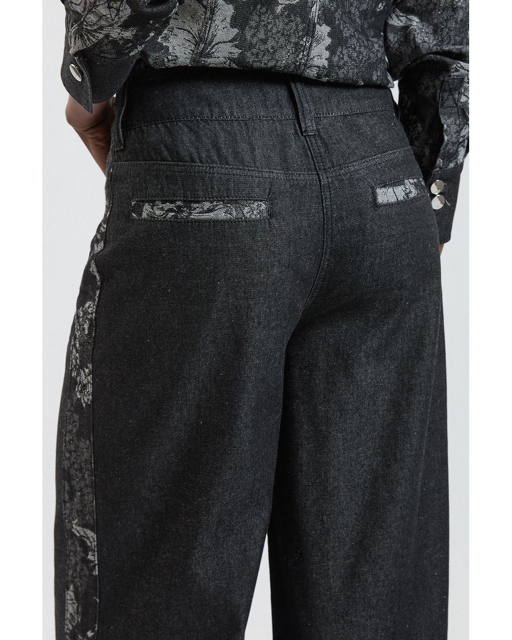Karen Millen Blue Denim & Jacquard Contrast Wide Leg Jean