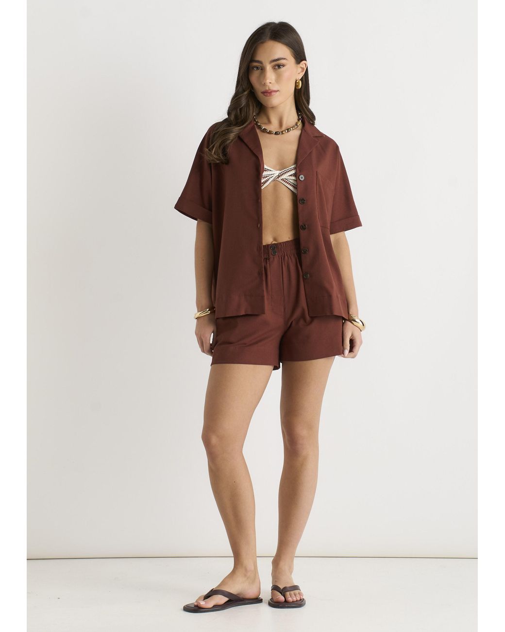 Gini London Brown Linen Mix Oversized Button Through Shirt