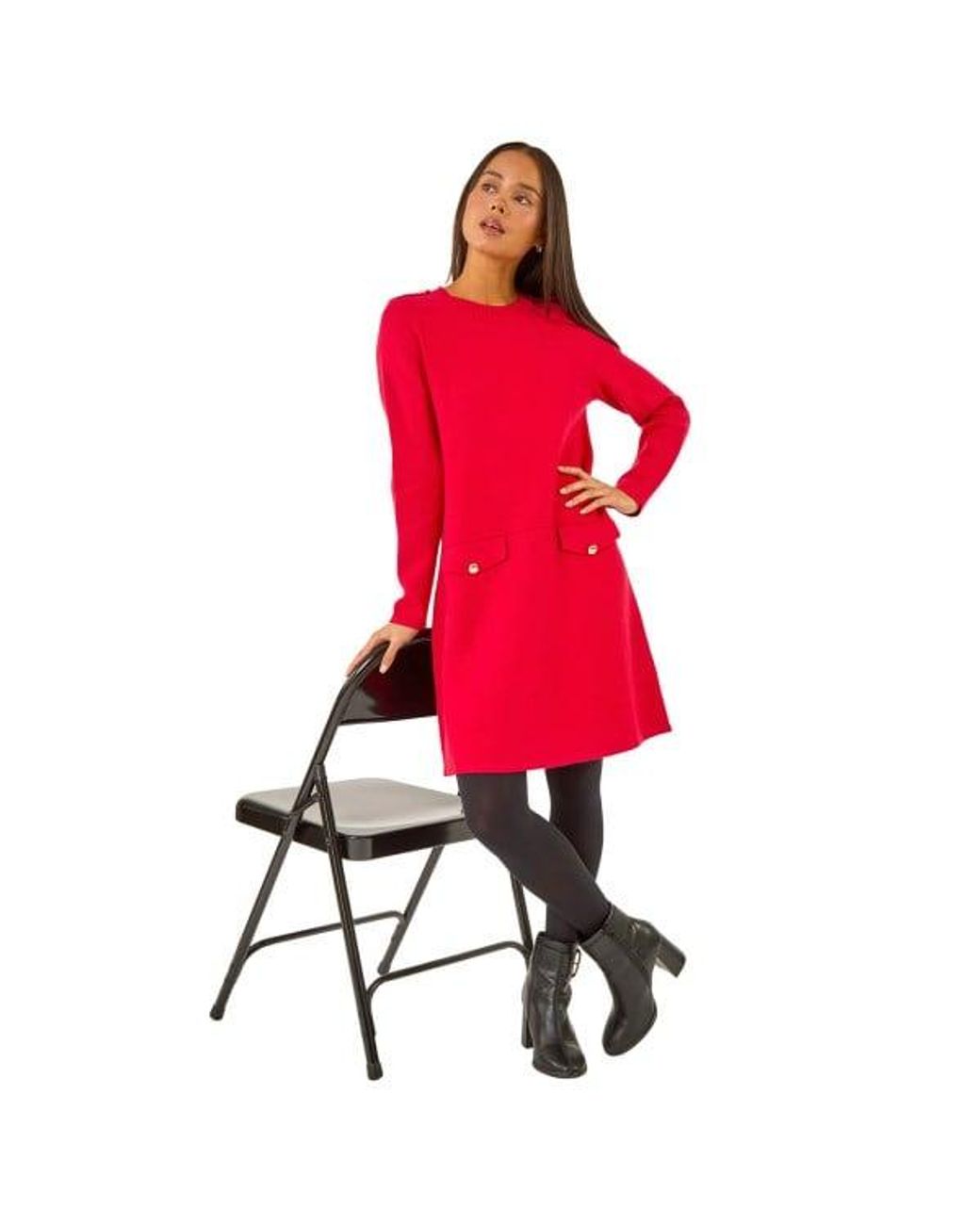 Roman Red Petite Buttoned Knit Dress