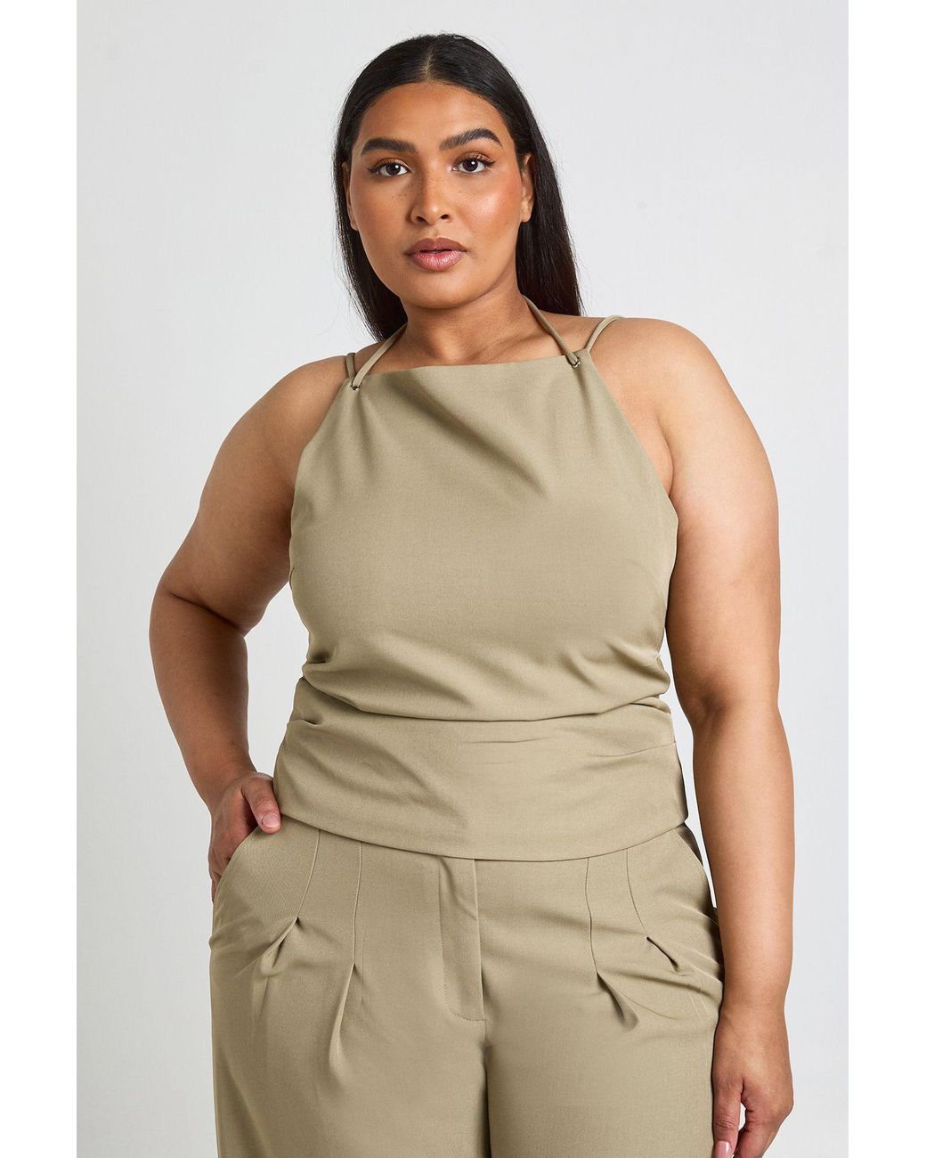 Boohoo Green Plus Strap Detail Pleated Tailored Top