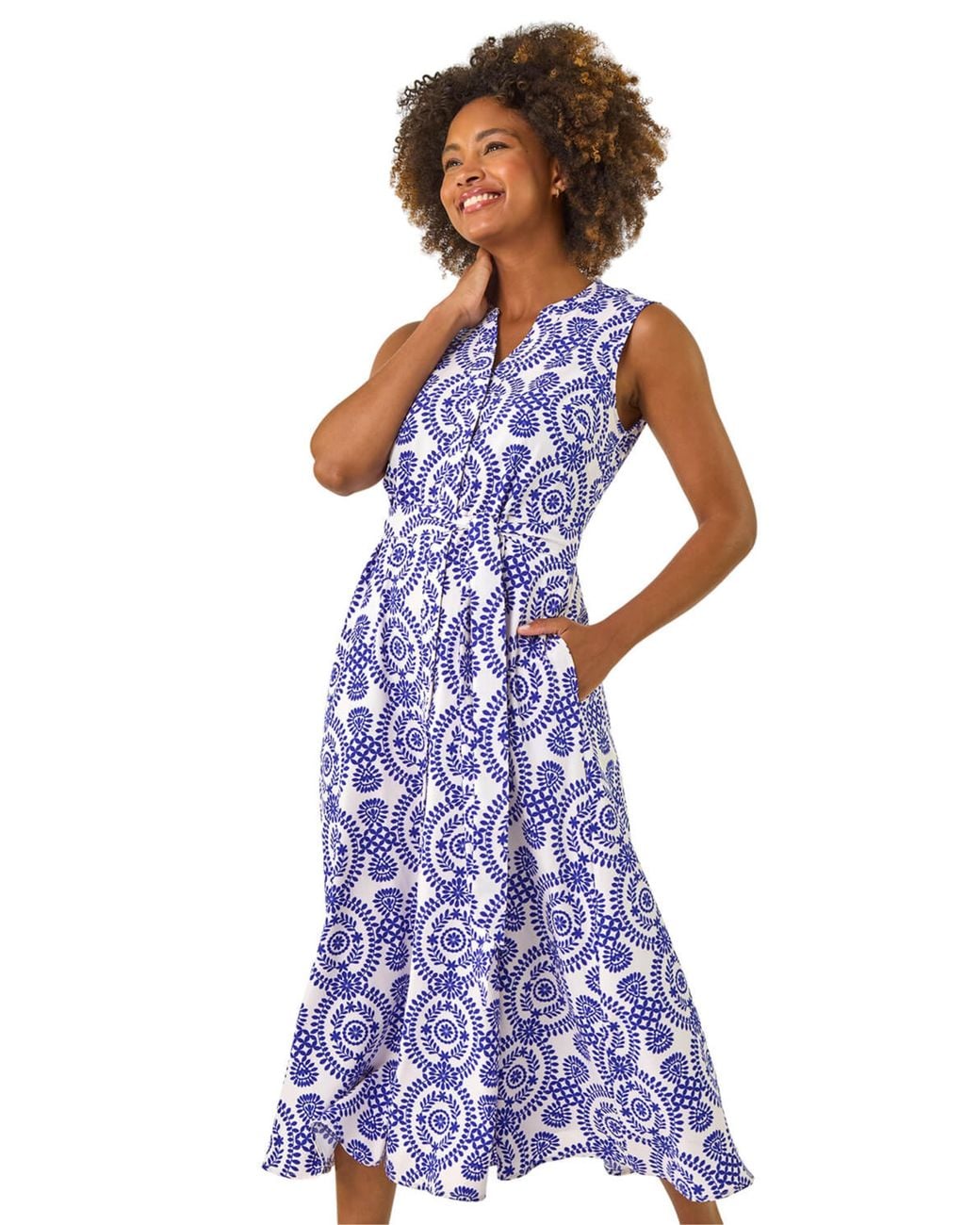 Roman Blue Circle Print Belted Midi Dress