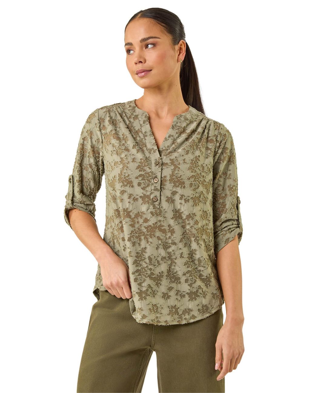 Roman Green Petite Burnout Print Button Shirt