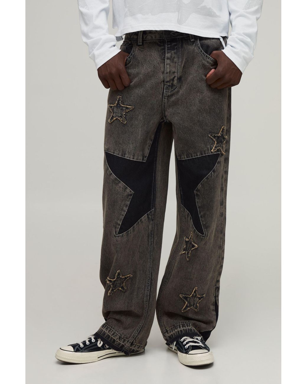 BoohooMAN Black Star Patchwork Relaxed Fit Jeans for men