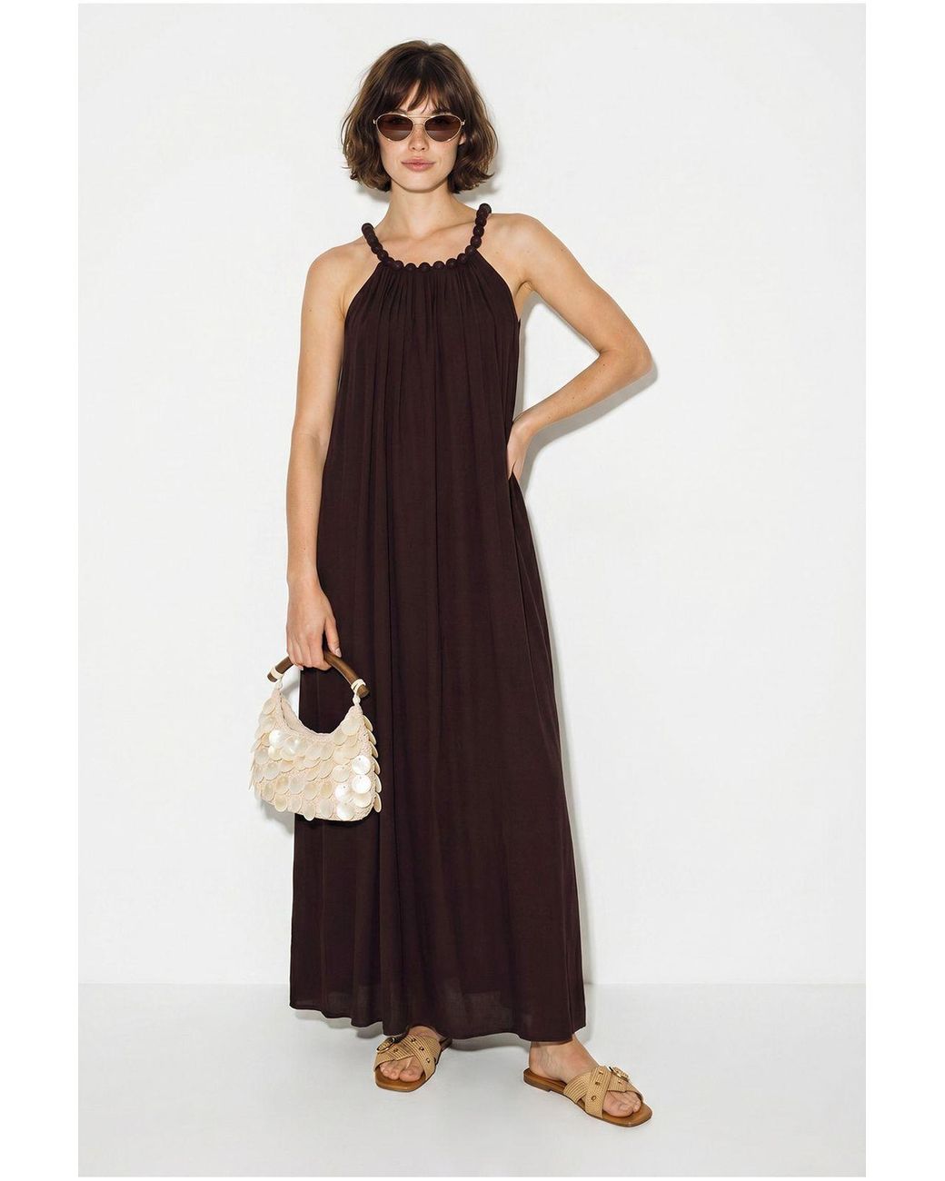 Bianco Lucci Brown Halter Maxi Dress With Pocket