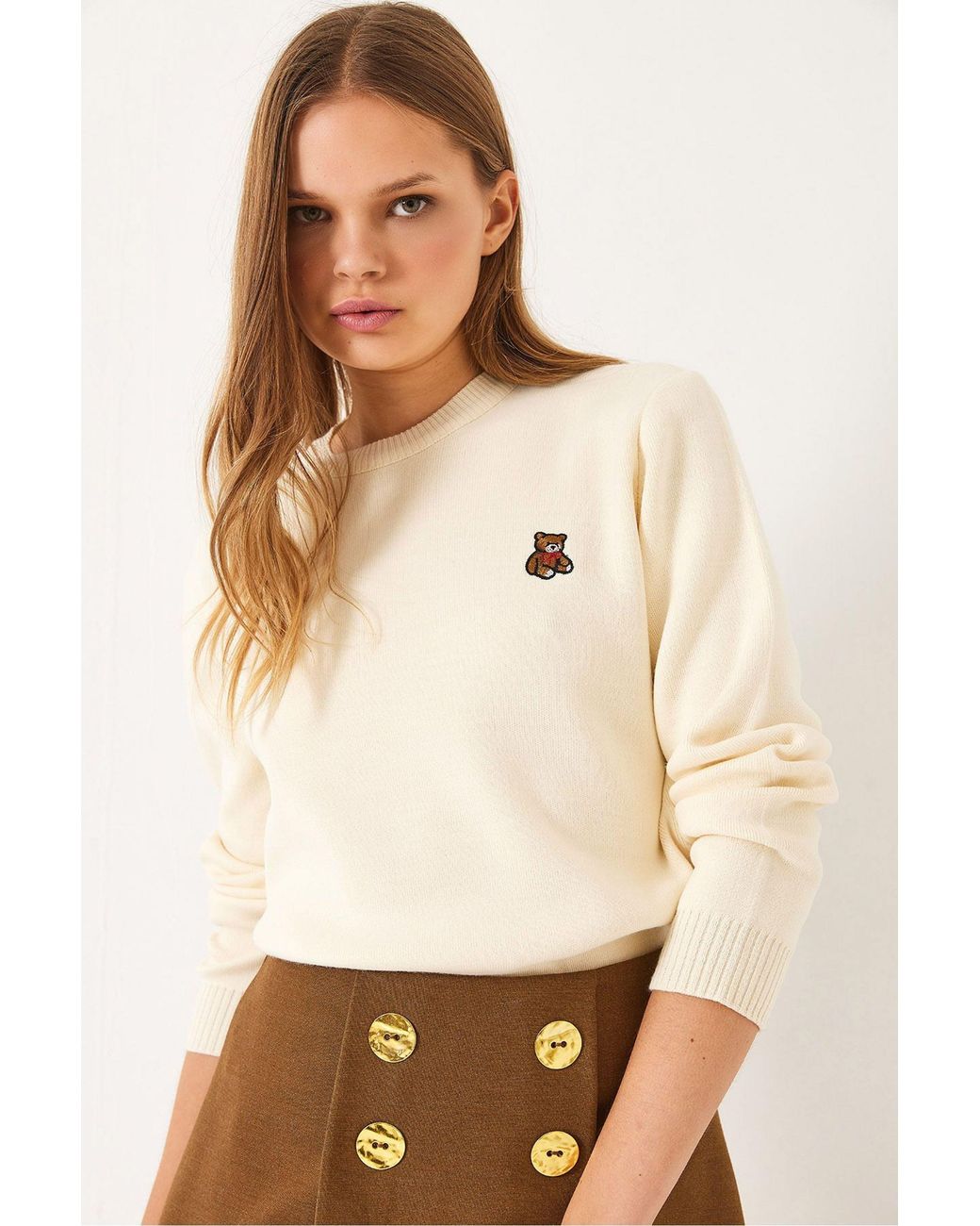 Bianco Lucci Natural Embroidered Crew Neck Sweater