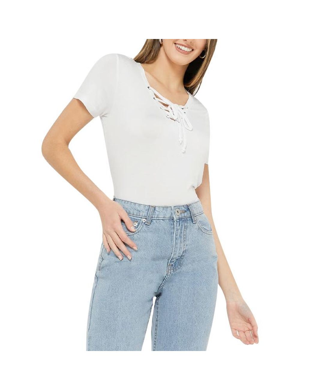Brave Soul White Nicci T Shirts Short Sleeve Tops Drawstring Plain Blouse Tee