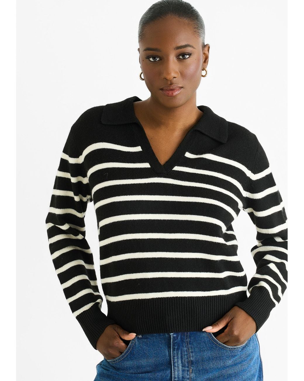 Gini London Black Recycle Stripe V Neck Collar Knit Jumper