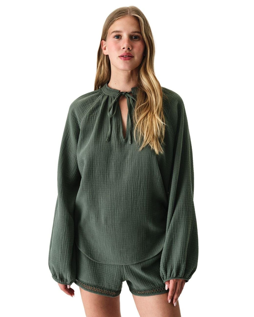 Penti Green Oversized Cotton Shirt With Tie Detail